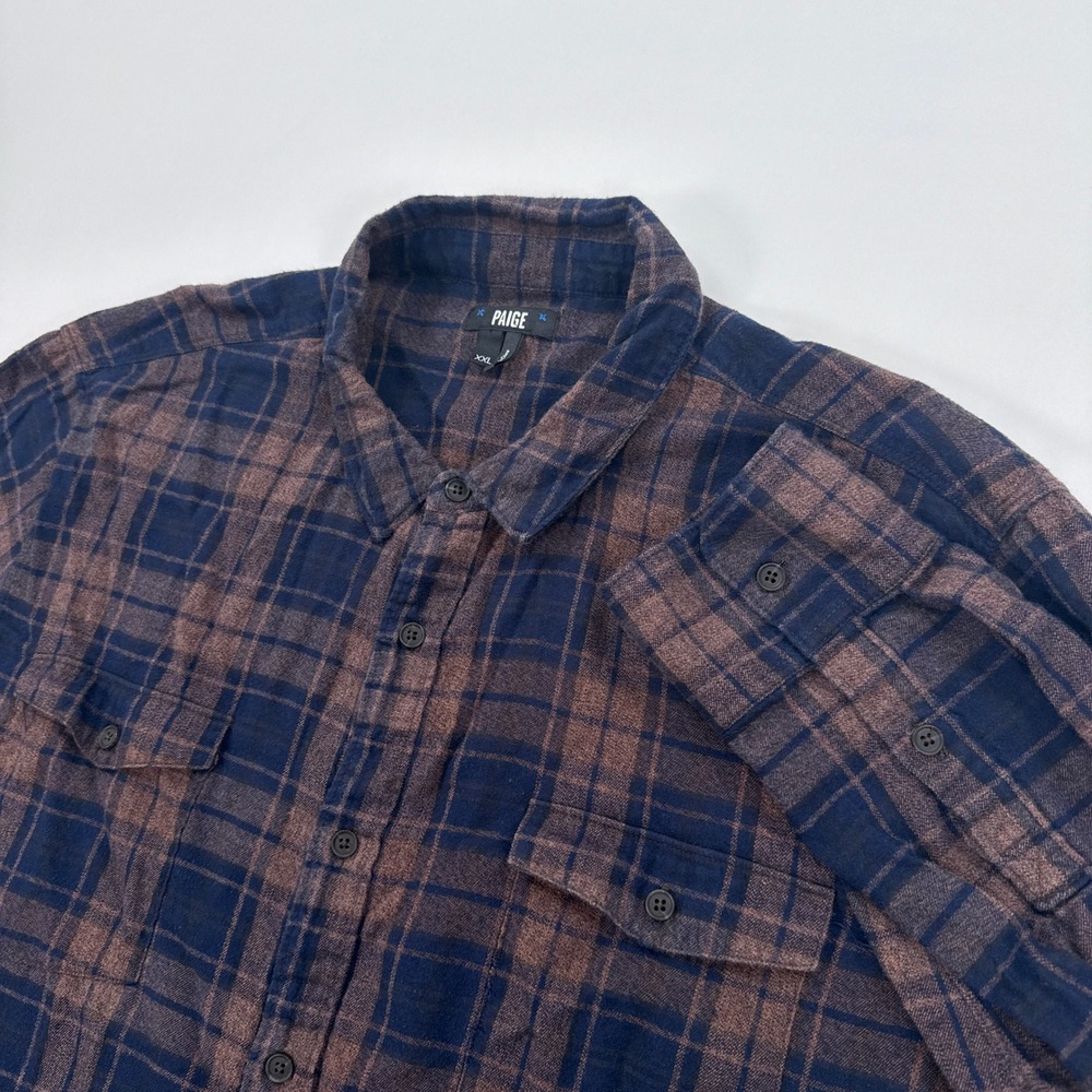 Paige‎ Mens Flannel Shirt XXL Deep Midnight Navy Brown Plaid Cotton Rayon